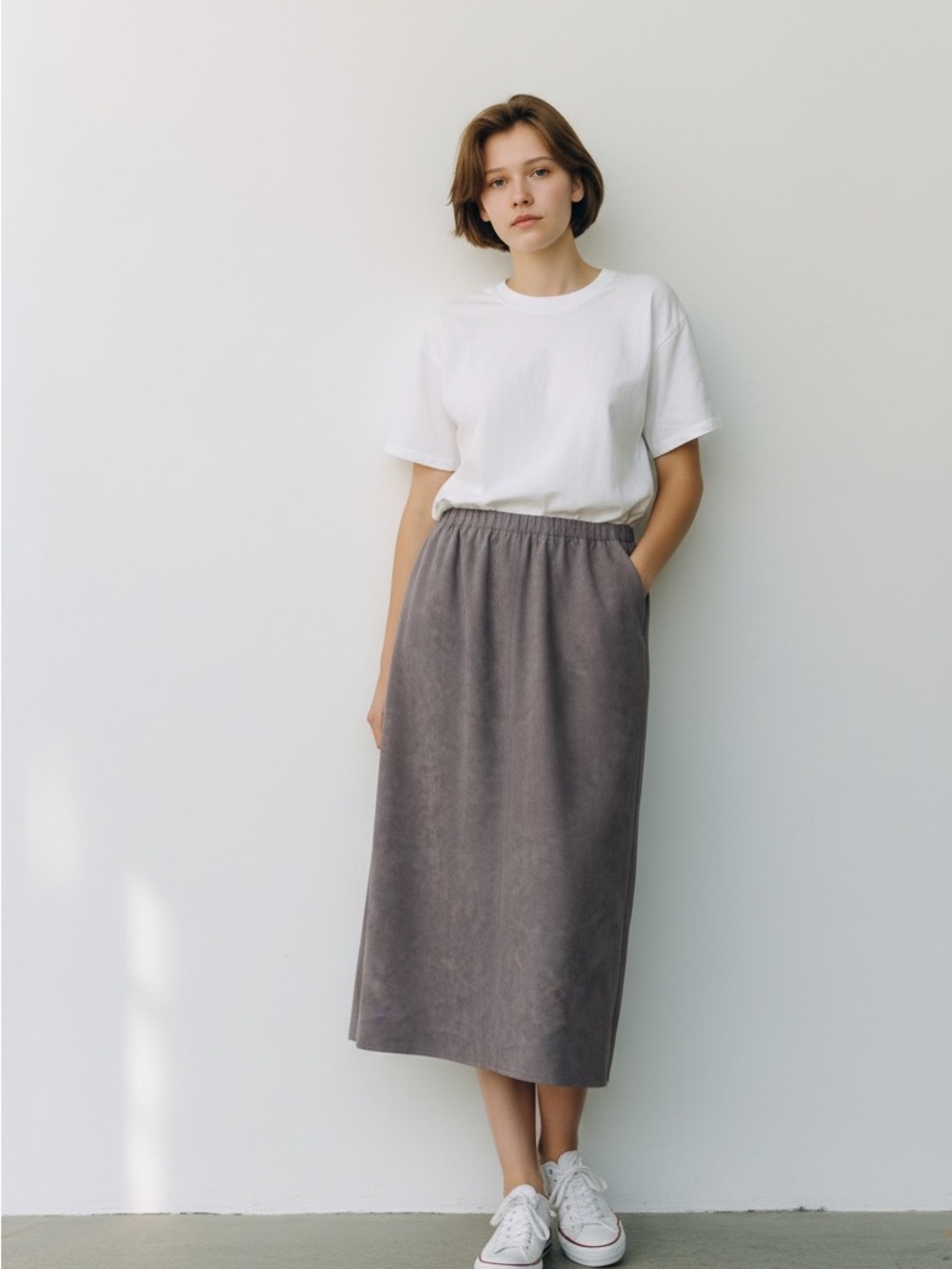 Harold Levine Lavendar Grey Suede  Elastic-Waist with Zipper Midi Skirt size 16
